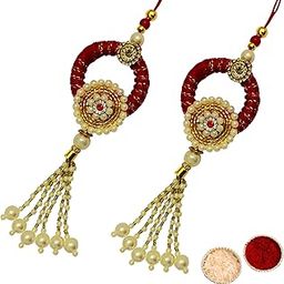 Buyent ® elegant Kundan pearl lumba rakhi for bhabhi set of 2 rakshabandhan fancy rakhi for bhabhi handmade latkan rakhi for bhabhi sister in law with roli chawal-image-45