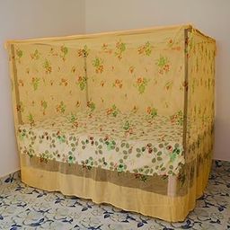 RN Enterprise Cotton Mosquito Net with Elegant Floral Design, Colored Cotton Tape, and Designed Bottom - Available in King, Queen, Double Sizes (Light Yellow, Queen Size Bed (3 Person))-image-0