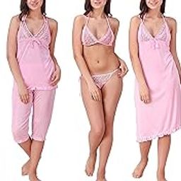 Cloud Fairy Women's Satin Nightwear Set of 6 Pcs Nighty, Wrap Gown, Top, Pyjama, Bra & Thong(Pink)-image-42