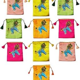 Sri Yagnaa - Pack of 10 - Lord Krishna Hands Design Potli Bags - Women's Silk Drawstring Closure - Gift Pouches - for Return Gifting - Potli Bags for Thamboolam - Fabric Potli Batwa Bag (Multi-Color)-3