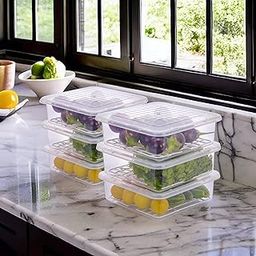 Homeor Plastic Multi-Purpose Food Storage Container With Removable Drain Plate And Lid,Stack-Able Freezer Storage Containers To Keep Fresh For Vegetables,Fruits,Fish,Meat,Transparent,2500 Ml Set Of 6-1