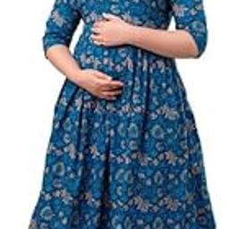 Women's Cotton Nursing Maternity Dress, Long A-Line, Pre-Post Pregnancy Wear (in, Alpha, 3XL, Regular, 41-BLUEBEIGE-DR)-image-8