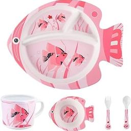 MVM Enterprise Dishwasher Safe Bamboo Dinnerware for Toddler, Kids Plate and Bowl Set, Eco Friendly Dinner Set Great Gift for Birthday, Baby Shower - Fish Design Kids Toddler Children Tableware Set-picture-23