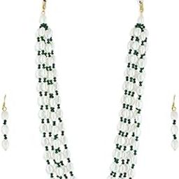 Green & White Multistrand Beaded Fusion Wear Necklace Earring Set For Women-ZPFK21425-24