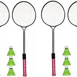Badminton Racket Set with 6 Shuttlecocks, 24-Inch Double Rod, Oval Shape, Nylon Thread, Soft Grip, Pink Handle-image-69