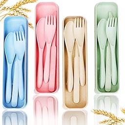 Reusable Travel Utensils Set with Case, 4 Sets Wheat Straw Portable Knife Fork Spoons Tableware, Eco-Friendly BPA Free Cutlery for Kids Adults Picnic Camping Utensils(Green, Beige, Pink, Blue)-picture-22