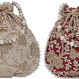 Kuber Industries Silk Embroidered 2 Pieces Women Potli Bag (Cream & Maroon) -CTKTC8825-19