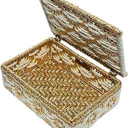 BAANKALA Decorative Storage Box with Lid | Handwoven Gold and White Pattern | Multipurpose Organizer for Jewelry Gift Box | Elegant Basket for Home & Office-image-48