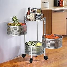 Kuber Industries Metal Round Mesh Multipurpose Rotating 3 Tier Onion Potato Rack for Kitchen | Kitchen Storage Rack for Home | Suitable Vegetable Basket Stand/Aloo Pyaz Trolley with Wheels | Silver-4