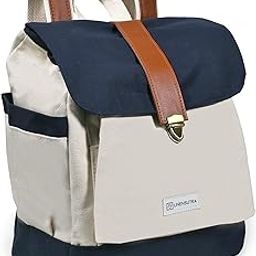Canvas Daypack Drawsting Flip Cover Backpack for Women/Girls White and Navy Blue Color Medium Size Suitable for Travel/Office/College-picture-47