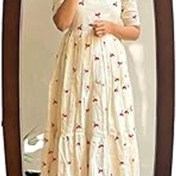 Floral Print Cotton Midi Dress, Short Sleeves, White with Red Pattern, Tiered Design-image-58