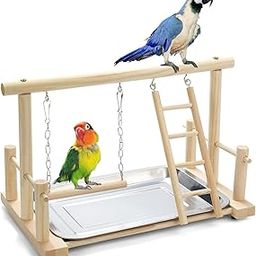 FrgKbTm Natural Wood Bird Playground Parrot Perch Playstand Play Gym Stand Playpen Perches Ladder Swing Platform with Toys Exercise Playgym for Luonfels,Budgie,Cockatiels,Conures,Parakeets,Lovebird-image-18