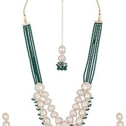 Green Multistrand Crystal Austrian Diamonds Artificial Stones & Beads Bridal Necklace Earring & Maangtikka Set For Women-ZPFK18435-55