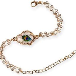 Pearl Chain Bracelet for Women with Gold Plated Krishna Peacock Feather Charm, Handcrafted Stylish Jewellery, 8 Inches Adjustable, Anti-Tarnish Bracelet for Gifting, Office-50