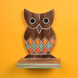 AAKRITI ART CREATIONS Wall Décor Hand-Painted Wooden Owl Shelf (Brown)-picture-10