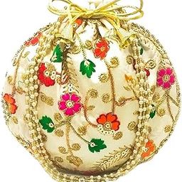 Women's Silk Ethnic Rajasthani Embroidery Potli Bag - Beige-image-8
