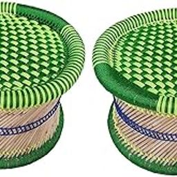 HeeMo Eco-Friendly Cane Wood Bamboo Sitting Stool, Muddi for Indoor/Outdoor (Green: Set of 2)-image-90
