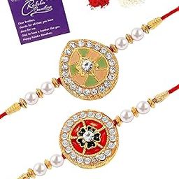 Collection Kundan & Pearls Designer Meenakari Gold Plated Premium Rakhi for Brother With Roli Chawal & Greeting Card | Rakhi for Brother/Bhaiya/Bhai/Men|Rakhi Combo-Set of 2|CBRAK106941-image-50