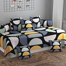 Homes Pure Glace Cotton Designer Printed Standard 8 Pieces Diwan Set Bedsheet Covers (1 Single Bedsheet, 2 Bolster Covers, 5 Cushion Covers, Black Multicolor)-image-42