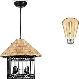 twixle Hanging Cord and Metal Bird Cage Pendant Lamp, Retro Style Indoor/Outdoor Light Fixture, Modern Woven Design (with Bulb)-image-52