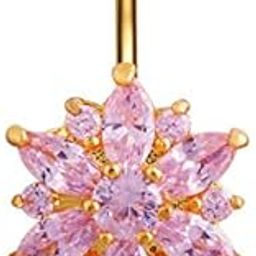 Belly Button Ring for Women Body Piercing Jewelry Stainless Steel Navel Piercing Jewelry Floral Pink Crystal Belly Button for Women and Girls.-10