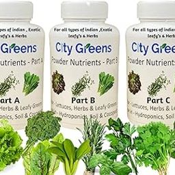 City Greens Hydroponic Powder Nutrients Makes 300 Litres Of Nutrient Solution For Lettuces,Exotics,Indian Greens & Herbs - TOTAL 3 Bottles PART A,B & C.-50