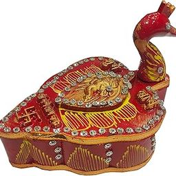 Pack of 2 Handicrafts Tika Chopra in Peacock Shape Meenakari Work/Kumkum Box with Roli Chawal Tika Stick, Chawal-Akshat-Haldi Wooden Chopda for Gift and Pooja Decorative Purpose Item (Red) #dd002-picture-17