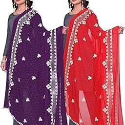 Skemany Chiffon Embroidery Stone Work Dupatta Combo with Pom Pom Lace Border-31
