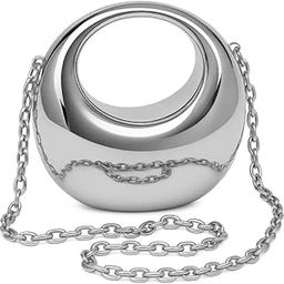 Mini Metallic Evening Handbag, Silver Chain Strap, 14x13 cm, Crescent Moon Design-image-56
