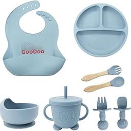 GOODOO Tiny Treasures Silicone Feeding Set Includes Adjustable Bib, Divided Plate, Suction Bowl, Drinking Cup, Fork, and Spoon for Babies Toddlers Kids-image-24