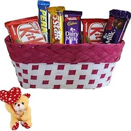 SFU E Com Chocolate Celebration Hamper With Designer Basket | Valentine Heart Teddy Bear With Chocolate Combo | Valentine Chocolate Hamper | 020-33