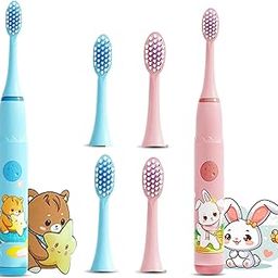 US1984 Sonic Electric Toothbrush for Kids with 4 Modes, 3 Brush Heads & Rechargeable Battery, Ultra Soft Nylon Bristles, IPX7 Waterproof, Electric Power Tooth brush (Blue & Pink)-image-90
