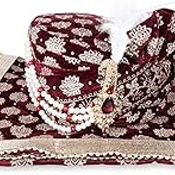 Men Cotton Blend Printed Groom's Safa Shawl Stole Set, Wedding Safa/Turban with Stole, Embroidered Turban Sehra with Stall (Maroon)-41