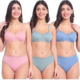 || Women's Lingerie Set with Full Coverage Padded Women Cotton Bra Panty Set Sexy Bra Panty Set Pack of 3 Sets -JMV8709-23