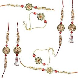 Sweksha Creations Kundan Bhaiya and Bhabhi pair Combo| Rakhi for Brother,lumba and Bracelet for Bhabhi | floral design Pair Rakhi Lumba Pack (4 pair)-image-33