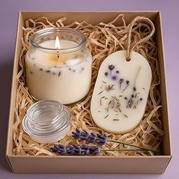 Lavender Scented Candle & Wax Sachet Gift Set | Hand-Poured Soy Candle & Floral Wax Tablet for Wardrobe, Drawer, Home Fragrance & Gifting-image-1