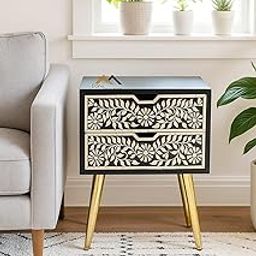 Home Decor Crafts Bone Inlay Handmade Table for Living Room,Bedside End Table Decorative Side Tables with 2 Drawer Storage,Modern Floral Pattern Side Table Wood and Bone Inlay (Black)-image-62