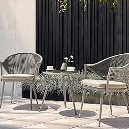 UF Garden Bistro Table and Chairs Set of 3 Piece Woven Rope Conversation Patio Set, All Weather Patio Bistro Set with Cushions for Garden, Deck, Backyard -(Grey & Beige)-24