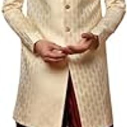Men's Indo-Western Sherwani Dhoti Set, Cream Cotton, Jacquard Mandarin Collar Regular Fit Long Sleeves-image-19