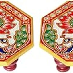 Handicrafts Paradise (4 x 4 inch, Set of 2Pc) Octagonal Peacock Design Painted Marble Chowki (Multicolour) Home Mandir, Idols Statues Pratima, Bajot for God, Home Décor Showpiece-image-63