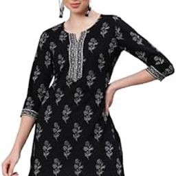 Women's Hip Length Short Printed Kurti, 3/4 Sleeves Black Kurta-image-8