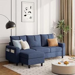 FURNY Samoa 4 Seater L Shape Sofa Set Fabric Modular 3 Seater & Ottoman (Blue)-image-59