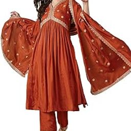 Women's Orange Vichitra Silk Alia Cut Kurta Set with Zari Sequence Chain Work, Pant & Dupatta | Kurta with Embroidery for Women-image-32