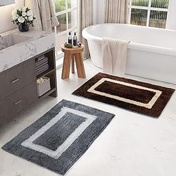 Story@Home Door Mat Set of 2, Anti-Skid Cotton Blend Kitchen Rugs, 60 x 40 cm, Brown & Grey Regular Border Design, Best Kitchen Accessories Items for Home & Bathroom, Perfect Door mats for Home Combo-6