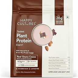 Happy Cultures 26g Tastiest Plant Protein| Chocolate (Ghana Cocoa) & Almond Chunks | Pea & Brown Rice Protein Isolate| No Added Sugar| Vegan| 20 Complete Amino Acids |Monk Fruit Extract| Women & Men| No Bloating, Easy to Digest| Dairy Free with Probiotics - 505g-image-80