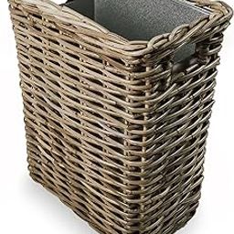 The Basket Lady Large Rectangular Kubu Wicker Waste Basket with Metal Liner, 14.5 in L x 9 in W x 18 in H, Serene Grey-image-1