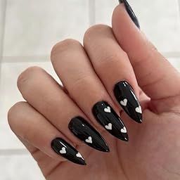 FWS:Artificial Nails Press On Nails FakeNails BridalNails DesignerNails: Glossy Black With Heart/Shape Stiletto (Set of 20 with nail glue, nail file, cuticle pusher, cleaning wipe)-32