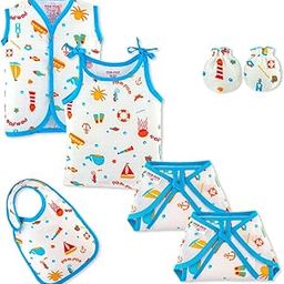Pom Pom Sweethearts New Born Baby Combo Cloth Gift Set - 1 Printed Cotton Sleeveless Vest ,1 Slip,1 Bib,1 Swaddle, 2 Cloth Lace Nappy & 1 Pair Cotton Hand Mittens - Pack of 7(Aqua World Print 0-3 Months)-31