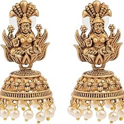 Traditional Indian Matte Gold Oxidised CZ, Crystal Studded Temple Jhumka Earring For Women - Gold, White (SJE_104_G_W)-image-47
