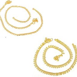 Traditional Simple ethnic 1 Gram Micro gold plated Foot Single Leg Chain Golden Anklets Ghungroo payal combo for girls women ladies bridal pajeb Payjeb Painjan Pattilu -ANKLET PAYAL-AME013-18
